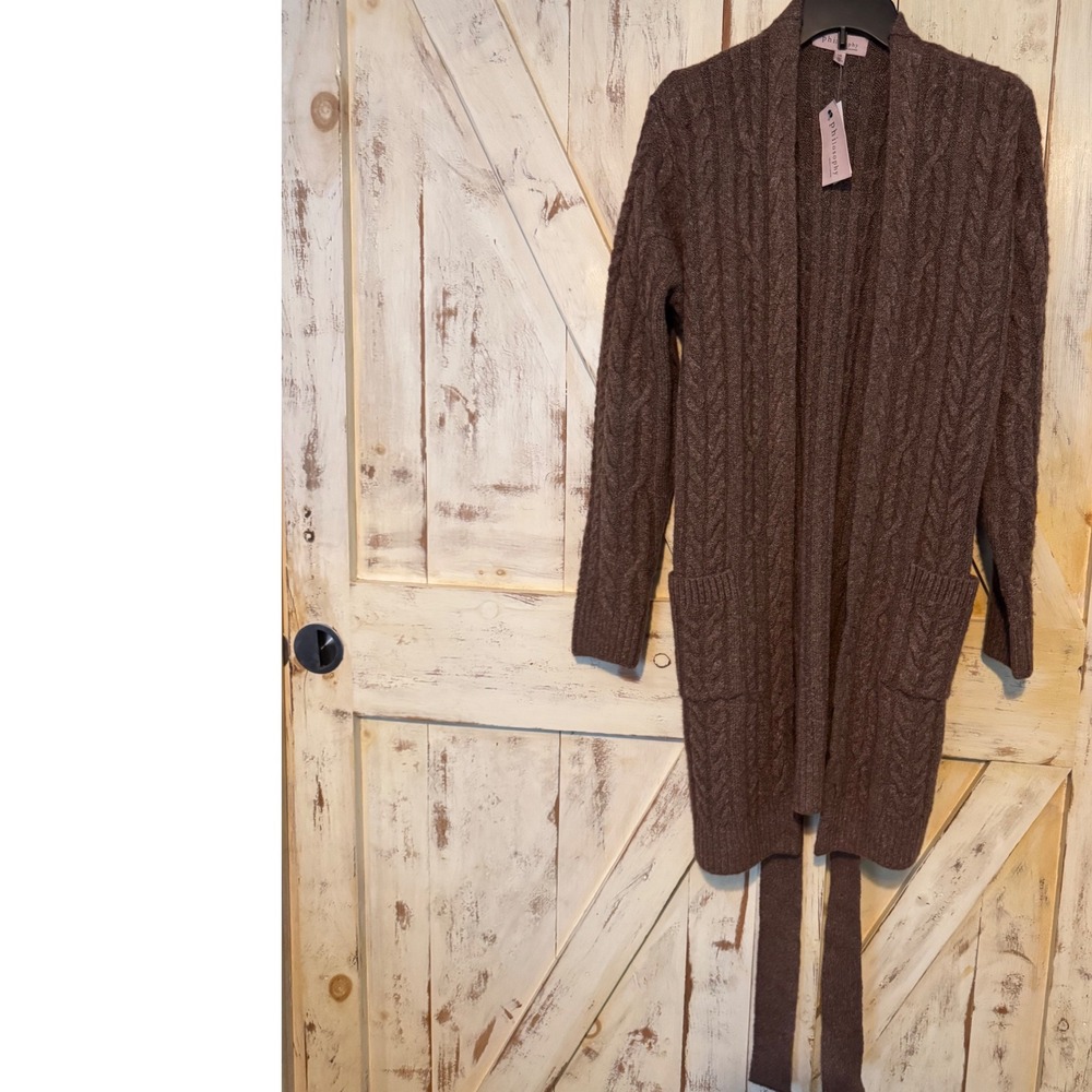 Philosophy Cardigan Cable Knit Open Front‎ Belt Brown Camel Size Large